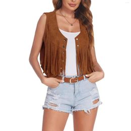 Women's Vests Tassel Suede Vest Solid Color Fashion Front Button Sleeveless Hippie Crop Jacket Retro Waistcoat Streetwear