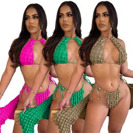 Tasarımcı Trailtsuits Bubble Bikini Setleri Yaz Kadın Mayo Seksi Halter Sütyen ve Mini Etek 3 Parça Setleri Plaj Giyim Toptan Kıyafetleri 10013