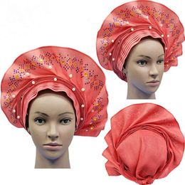 New African Fabric Aso Oke Auto Gele with Colorful Stones and Beads Women Headrap for Party and Wedding010184M