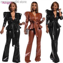 Women's Two Piece Pants Adogirl Bright PU Leather Two Piece Set Elegant Women Sexy V Neck Puff Sleeve Lace Up Ruffle Blazer Top Flare Pants Suit T230714