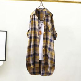 Women's Blouses Women Shirt Plaid Print Long Sleeve Lapel Single-breasted Patch Pocket Irregular Hem Buttons Mid Length Cardigan Lady Coat