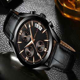 CRRJU Men Military Watches Male Black dial Business quartz watch Men's Leather Strap Waterproof Clock Date Multifunction Watc303T