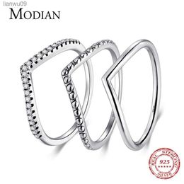 Modian 3 Style Real 925 Sterling Silver Stackable Simple Ring Clear CZ Fashion Instagram Jewelry For Women Couple Gift Rings L230704