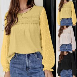 Women's Blouses Chiffon Patchwork Lace Blouse Round Neck Petal Long Sleeves T Shirt Solid Colour Loose See Through Tops Ladies Clothing