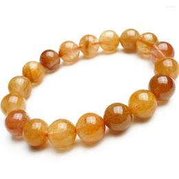 Strand 11mm Genuine Brazil Natural Copper Hair Rutilated Quartz Crystal Round Bead Bracelet Charm Stretch Femme