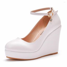 Dress Shoes Fashion Women's Pumps Rhinestone Buckle Strap Pointed Toe PU 10.8CM Wedges Classics MATUREWomen White Platform