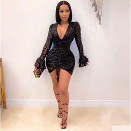 Basic Casual Dresses Y Party Night Club For Women Sparkly Sequin Mesh Feather Long Sleeve Deep V Bodycon Mini Dress N57-Gf34 Drop Dhg2O