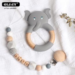 Baby Teethers Toys Personalise Name Pacifier Clips Elephants sheep Silicone Teether Wooden Ring BPA Nursing Chewable Rattle Baby Christmas Gift 230714