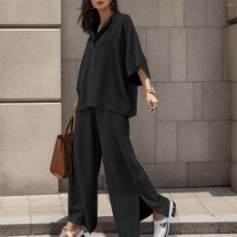 Women's Two Piece Pants Fashion 2 Outfit Set 2023 Summer Loose Cotton Linen Mens Solid Color Long Sleeve Tops Pant Suits