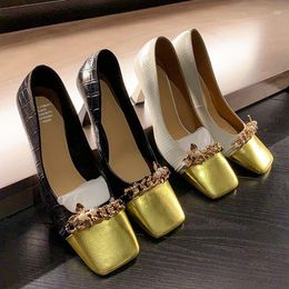 Dress Shoes Metal Decoration Square Gold Toe Women Sandals 2023 In Elegant Mixed Colour High Heels Pumps Slip-On Basic Party TRAF