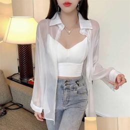 Women'S Blouses Shirts Womens Houzhou Transparent Blouse Summer 2021 Long Sleeve White Pink Green Button Up Women Y2K Korean Fashi Dhihv