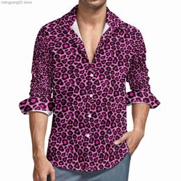 Men's Casual Shirts Pink Leopard Casual Shirts Man Animal Fur Print Shirt Long Sleeve Trending Harajuku Blouses Autumn Custom Top Plus Size T230714