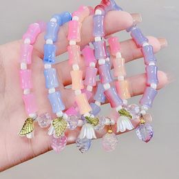 Link Bracelets Fairy Lily Of The Valley Flower Pendant Bracelet For Women Temperament Colourful Resin Beaded Elastic Wrist Jewellery