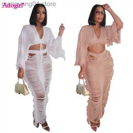 Women's Two Piece Pants Adogirl Hollow Out Tassel Knitted 2 Piece Set Summer Beach Dress Suits Women V Neck Long Sleeve Crop Tops Maxi Skirts Outfits T230714