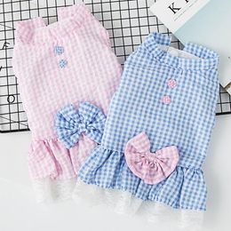 Dog Apparel Summer Clothes Blue Pink Plaid Lace Cat Dress Flower Bow Princess Pet Puppy Costume Sweet Mesh Skirts Clothing