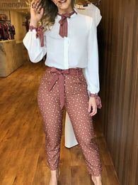 Women's Two Piece Pants Tied Detail Top Polka Dot Print Pants Set Casual Women Two Piece Set Outfits Office Workwear T230714