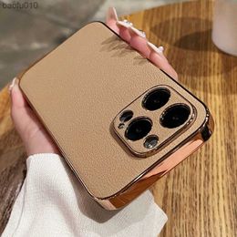 Luxury Lambskin Leather Plating Phone Case For iPhone 14 13 12 11 Pro Max 13Pro 14 Plus Shockproof Bumper Lens Protection Cover L230619