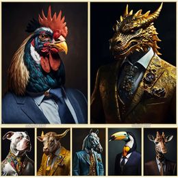 Canvas Painting Fashion Animals Cow Rooster Dragon Suit Style Prints HD Picture Wall Art Posters for Living Room Home Decoration w06