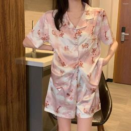 Women's Sleepwear Little Angel Summer Pyjamas Set Women Single Breasted Shirts Shorts Two Piece Home Suit Stain Printed Kawaii Vintage Pink