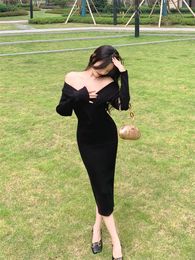 Casual Dresses Black Knitted Ribbed Midi For Women V Neck Elegant Korean Clothes Long Sleeve Folds Vestidos Bodycon Dress Autumn Winter