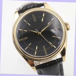 Dual Time Cellini Yellow Gold Case Leather Mens Watch Watch Leather Strap Automatic Mechaincal Black Dial Men Watches Male Wristwa302B