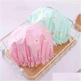 Shower Caps Ladies Double Layer Satin Cap Waterproof Elastic Printing Padded Bathe Colorf Farmhouse Style Fine Workmanship Vtmtl1219 Dhxow