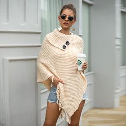 Scarves Women Knitted Pullover Sweater Warm Shawl Top Half Opened Collar Buttons Wrap Fringe Tassels Hem Solid Colour Poncho Cape Cloak