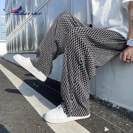 Men s Pants Pleated Men Fashion Casual Plaid Women Streetwear Korean Loose Straight Ice Silk Male Plus Size Trousers 230713