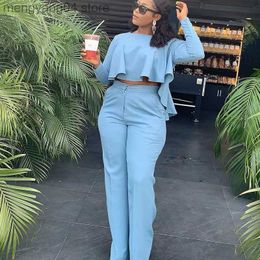 Women's Two Piece Pants Elegant Work Wear Two Piece Set Fall Clothes for Women Ruffles Crop Top and Wide Leg Pants Suits Matching Sets Sexy Club Outfits T230714