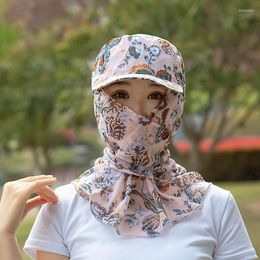 Wide Brim Hats Women Summer Chiffon Sun Hat Face And Neck UV Protection Cover Ear Flap Caps Foldable Floral Print Visor Headwrap