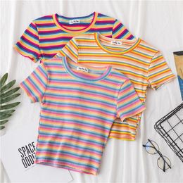Women's T Shirt Cotton t shirt Korean Rainbow Top Striped Crop Slim Fit t shirt Harajuku Tshirt Summer Short Sleeve Female Clothes 230714
