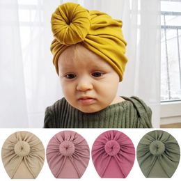 2023 New Cute Baby Turban Caps Muslim Boys Girls Headwrap Solid Colour Knotted Top African Indian Inner Hijab Bonnet