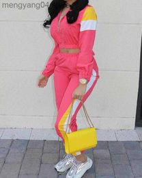 Women's Two Piece Pants Two Piece Sets Womens Outifits Spring Fashion Colorblock Insert Zipper Turn-Down Collar Long Sleeve Crop Top Casual Pant Sets T230714