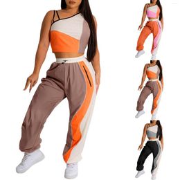 Women's Two Piece Pants Color Block Pocket Elastic Waist 3 Suit Women Office 80s Jogging Suits For Track