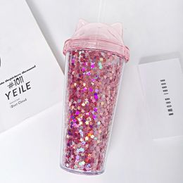 Water Bottles Drinking cup cute creative cat ear shape glitter star plastic straw water bottle personality po student girl gift 230714