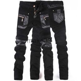 Men's Pants New Fashion Men Leather Pants Patchwork Casual Skinny Men's Motorcycle Jeans High Quality Men's Slim Trousers Jeans Size 2836 J230714