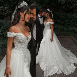 2020 Gorgeous Mermaid Wedding Dresses With Detachable Train Lace Appliqued Pearls Beads Off The Shouler Bridal Gowns202g