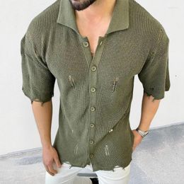 Men's T Shirts 2023 Summer Knit Sweater Polo Neck Short Sleeve Hollow Out Holes Cardigan Fashion Streetwear Male Tops