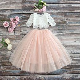 Vieeoease Girls Set Flower Kids Clothing 2021 Summer Lace Top Tulle Skirt Children Outfits 2 pcs set CC-306211i
