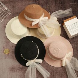 Wide Brim Hats Summer Beach For Women Fashion Ladies Lace Pearl Ribbon Bow Straw Hat Travel Flat Top Sun 2023