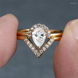 Wedding Rings Pear Cut White Zircon Crown Ring Set Gold Colour Promise Engagement For Women Stacking Bands Valentine Day Jewellery