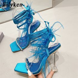 Sandals Eilyken Fashion Summer Feather Women Sandals Lace-up Cross-Tied Sexy Gladiator Square Toe Ladies High Heel Shoes 230713