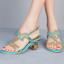 Sandals Ladies Casual Sandals Sexy Crystal Design Women Sandal Shiny Split Leather Shoes Thick High Heels X0025 230713