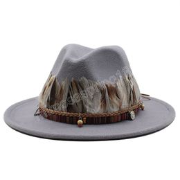 Soft Wool Felt Hats Floppy Wide Brim Fedora For Women Men Jazz Cap With Feather Lady Winter Panama Hat