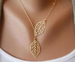 Simple European Vintage Punk Gold Hollow Two Leaf Leaves Pendant Necklace Clavicle Chain Charm Jewelry Women Free Shipping