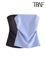 Women's Tanks Camis TRAF Women Fashion Draped Strapless Bustier Tops Sexy Exposed Shoulder Straight Neck Female Mujer 230713