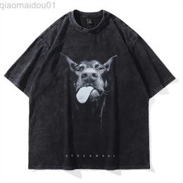 Men's T-Shirts 2023 Men Gothic T-shirts Hip Hop Streetwear Letter Dog Printed Punk Tops Summer Vintage Washed Oversized Short Sleeve T Shirts L230713