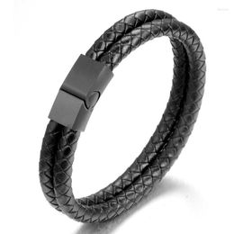 Link Bracelets Classic Fashion Men Jewellery Punk Black Braided Geunine Leather Bracelet Stainless Steel Magnetic Buckle Cuff Bangles