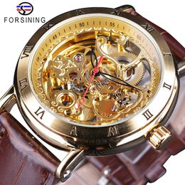 Forsining Retro Roman Number Brown Leather Royal Flower Mechanical Skeleton Transparent Mens Automatic Watches Top Brand Luxury2563