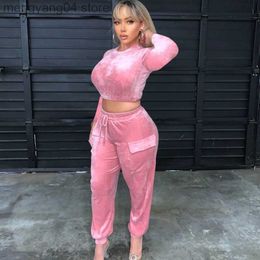 Women's Two Piece Pants Streetwear Velvet 2 Piece Set Tracksuit Women Matching Sets Crop Top and Cago Pants Sport Suit Workout Fitness Casual Outfits T230714